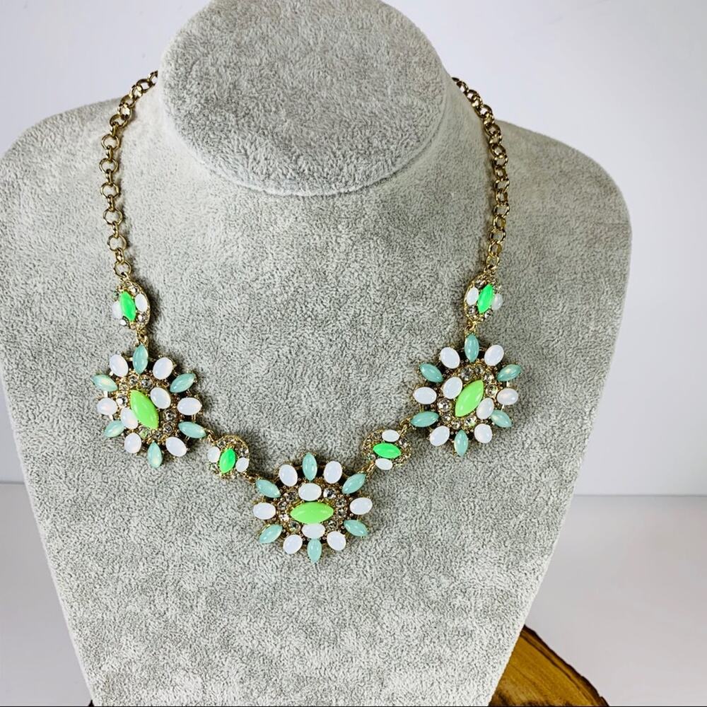 Gold Statement Necklace Lime Green Opal White Stones